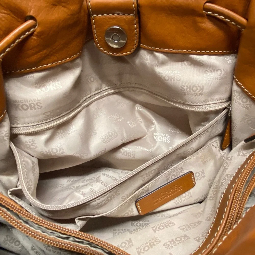 Michael Kors Brookville Large Tote Bag MK Saddle Khaki Canvas Brown Leather EUC